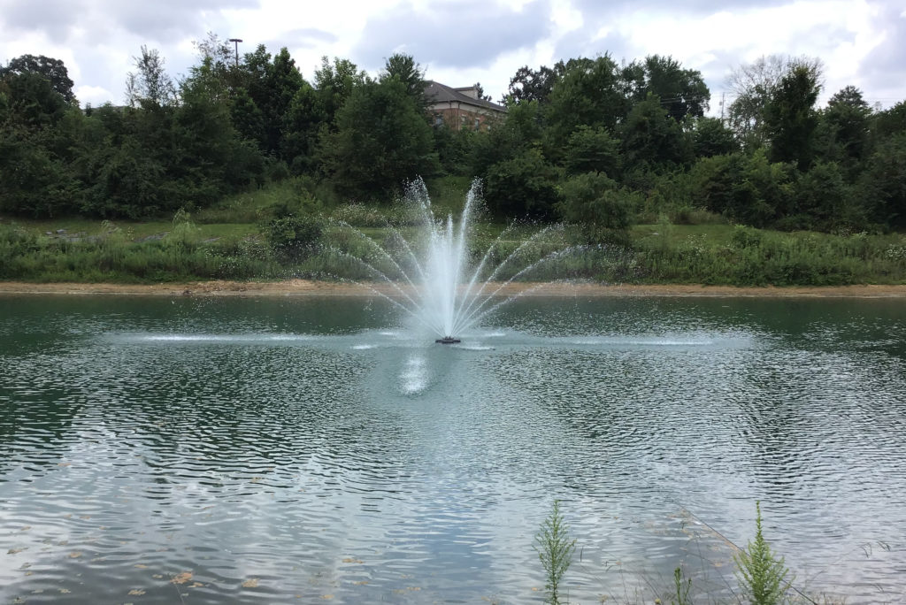A 5 horsepower fountain sprays a fan of water in the middle of a clean pond